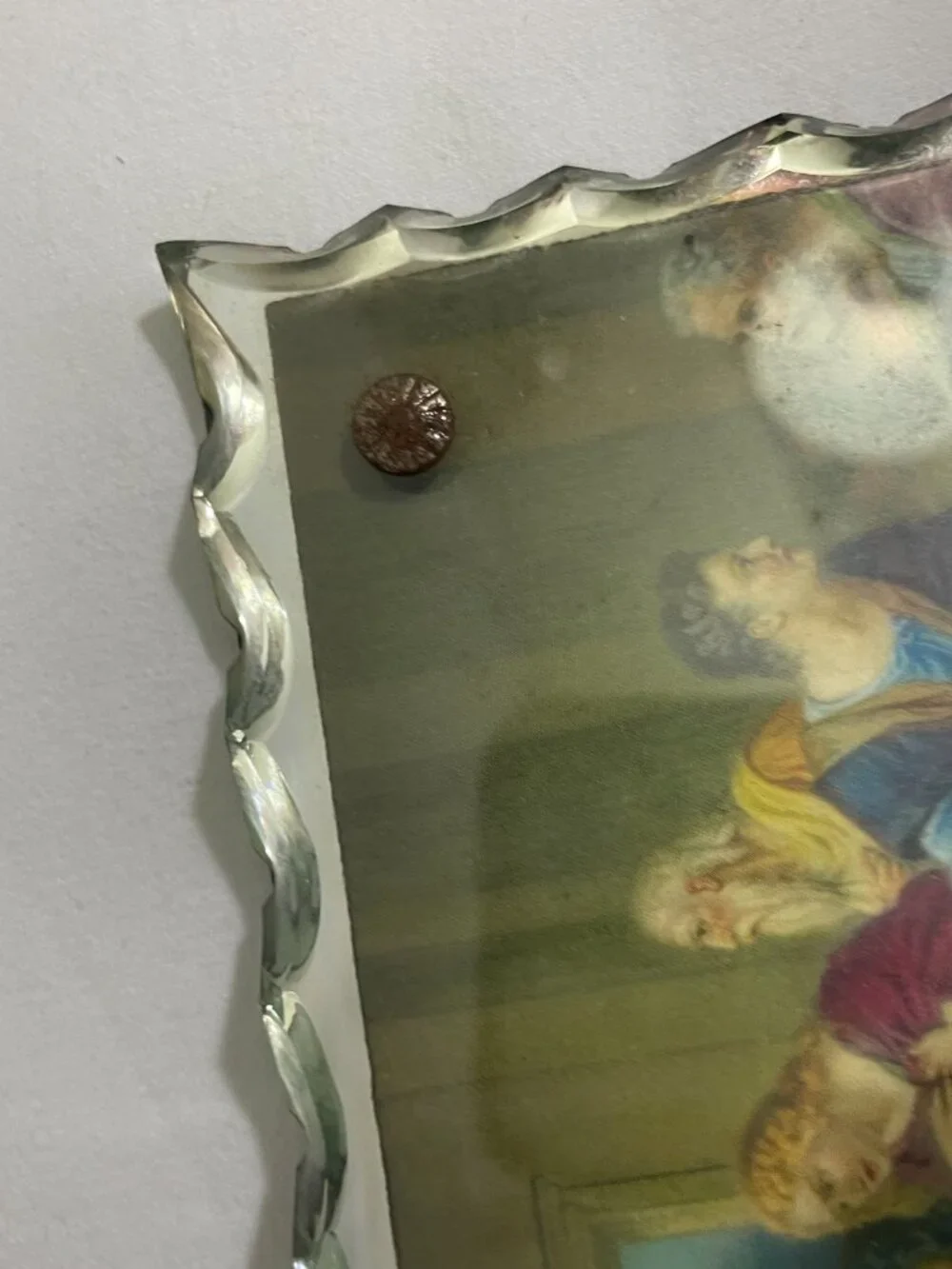 Vintage Last Supper Reverse Painted Glass Wall Plaque Scalloped Beveled Glass 10